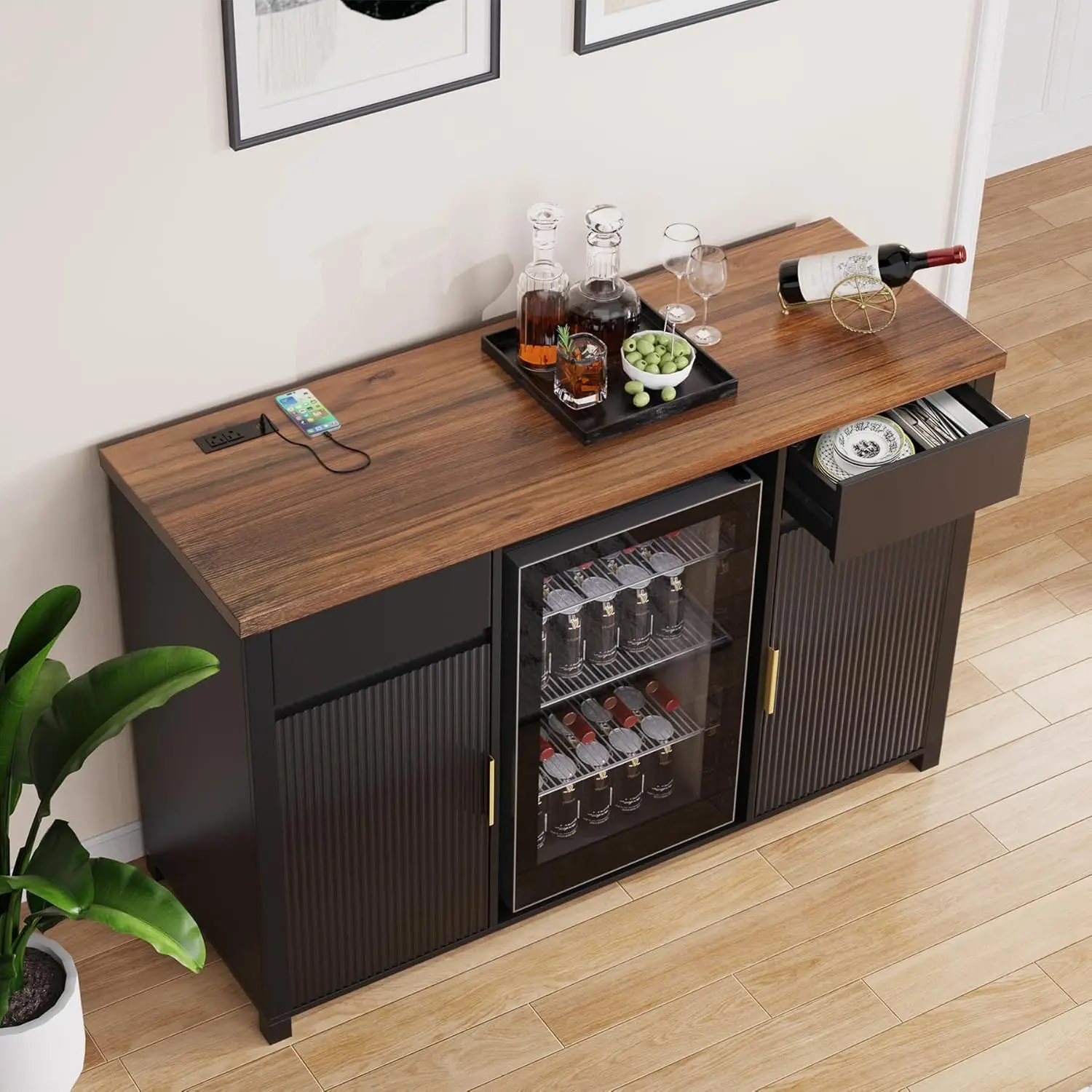 Bar Cabinet with Fridge Space, Mini Fridge Cabinet with Wine Storage, Buffet Sideboard Table for Home, Fluted Moder