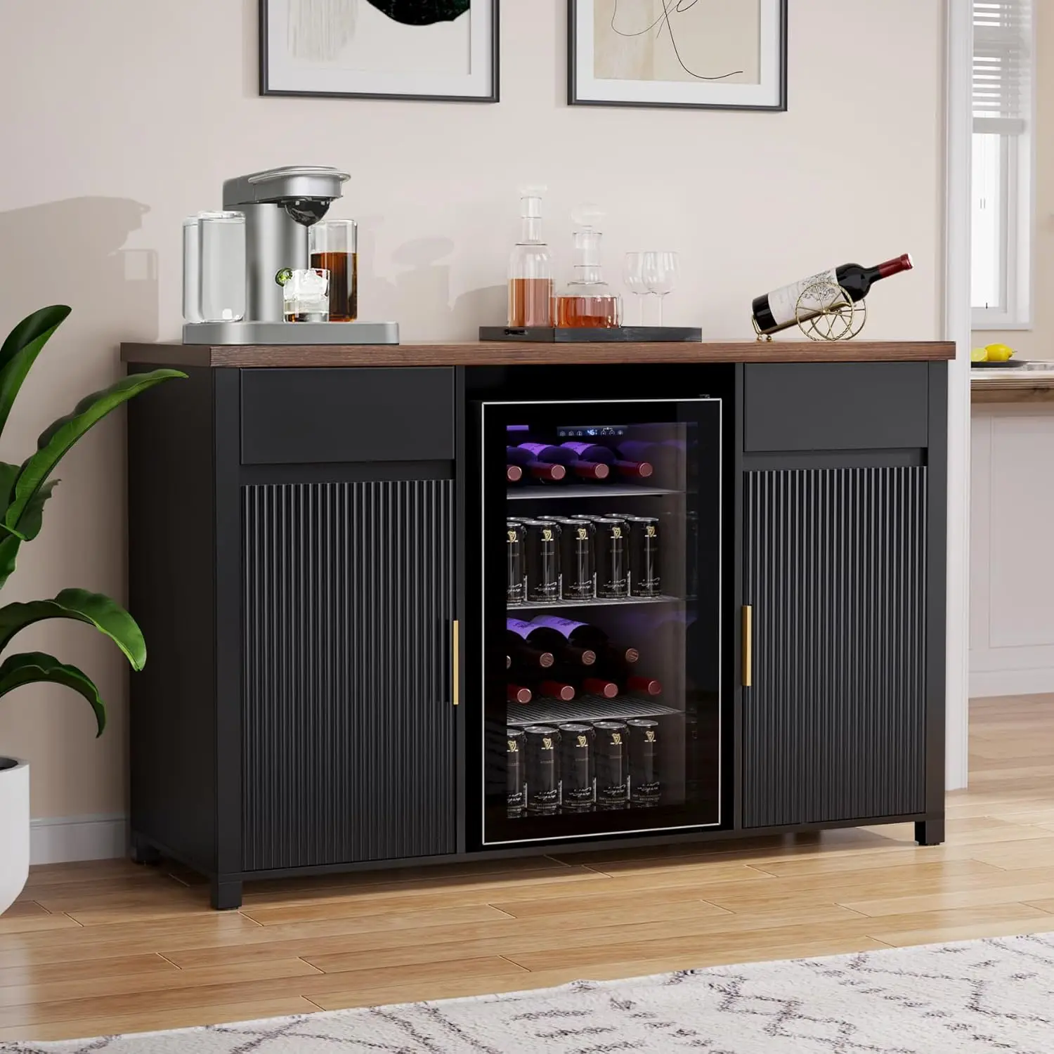 Bar Cabinet with Fridge Space, Mini Fridge Cabinet with Wine Storage, Buffet Sideboard Table for Home, Fluted Moder