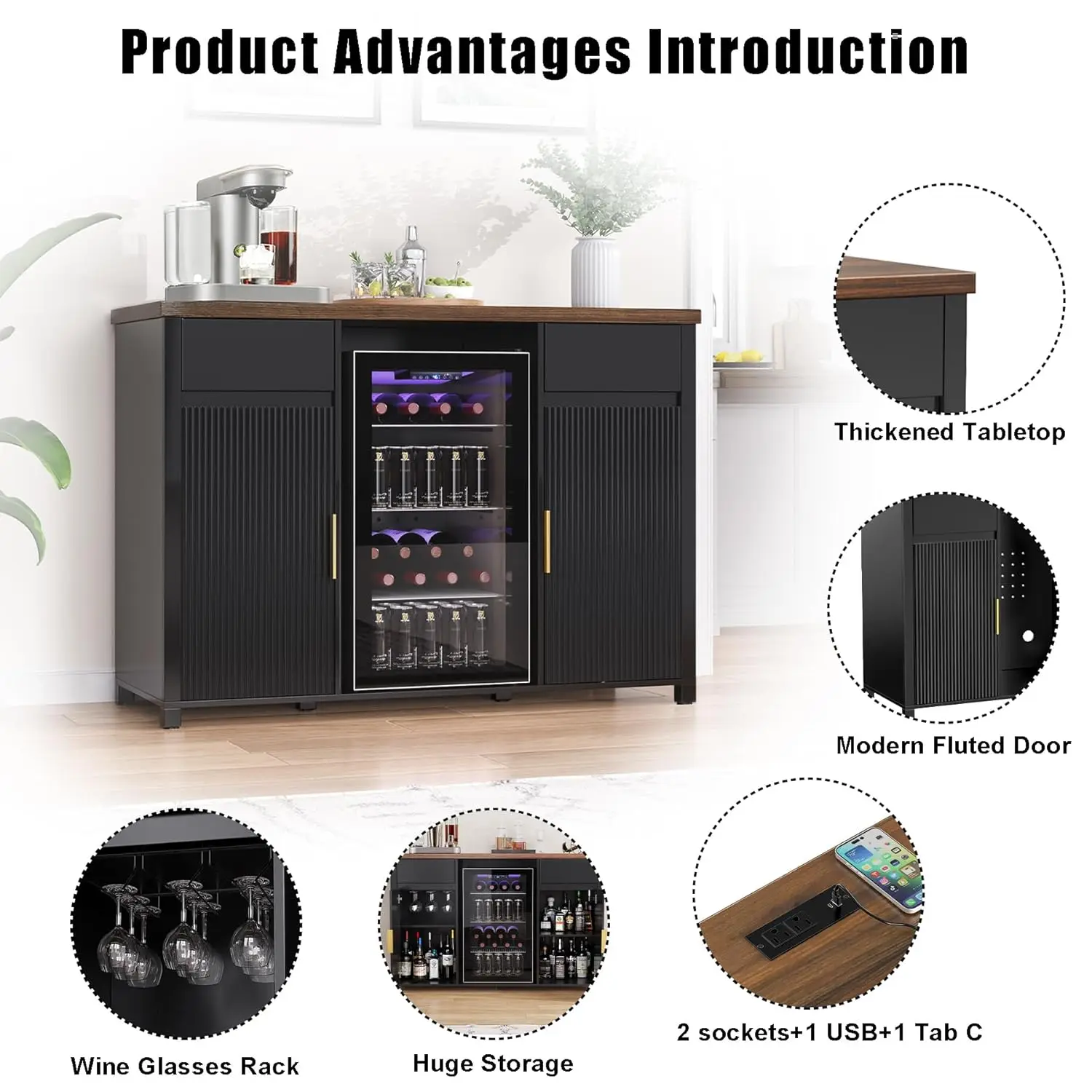 Bar Cabinet with Fridge Space, Mini Fridge Cabinet with Wine Storage, Buffet Sideboard Table for Home, Fluted Moder