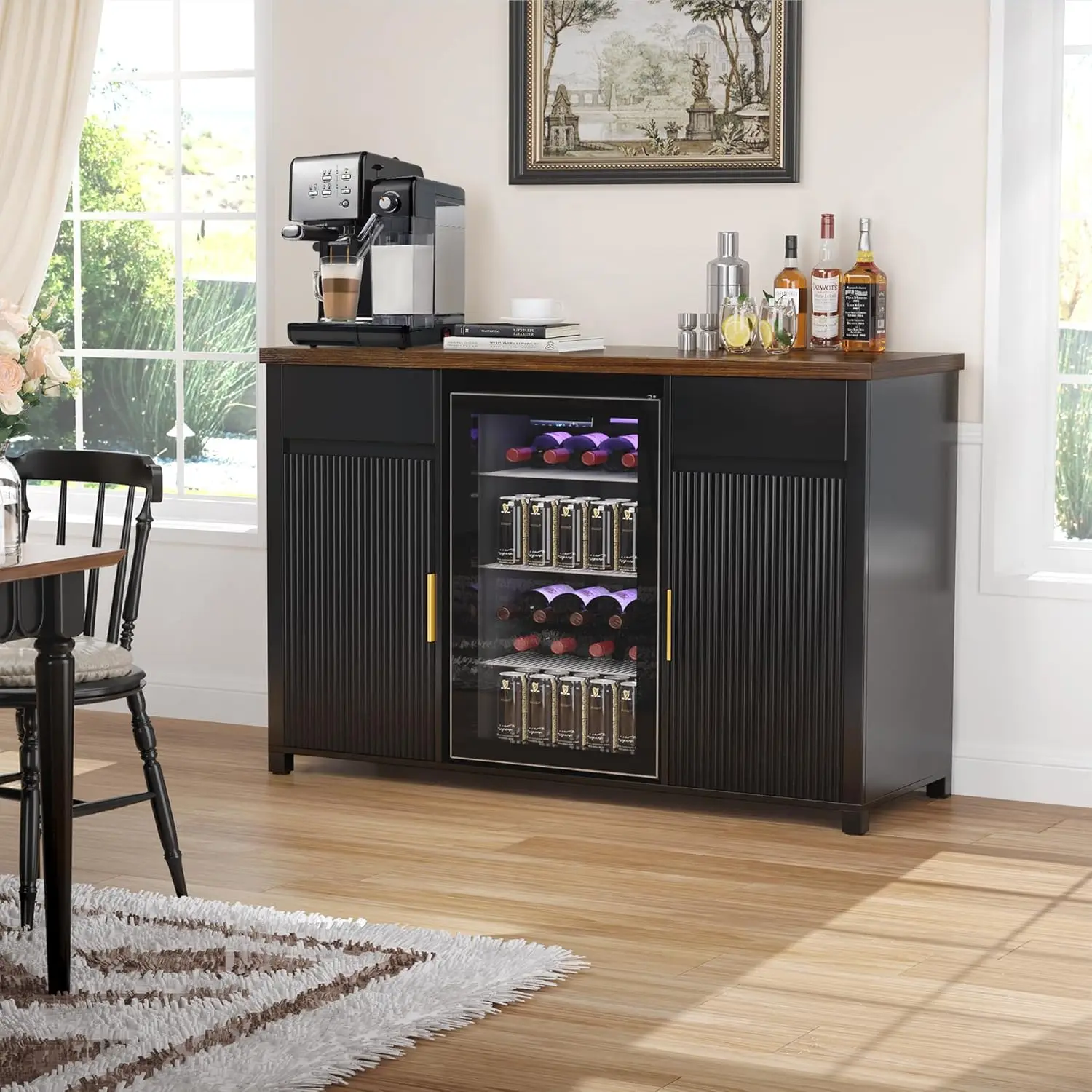 Bar Cabinet with Fridge Space, Mini Fridge Cabinet with Wine Storage, Buffet Sideboard Table for Home, Fluted Moder