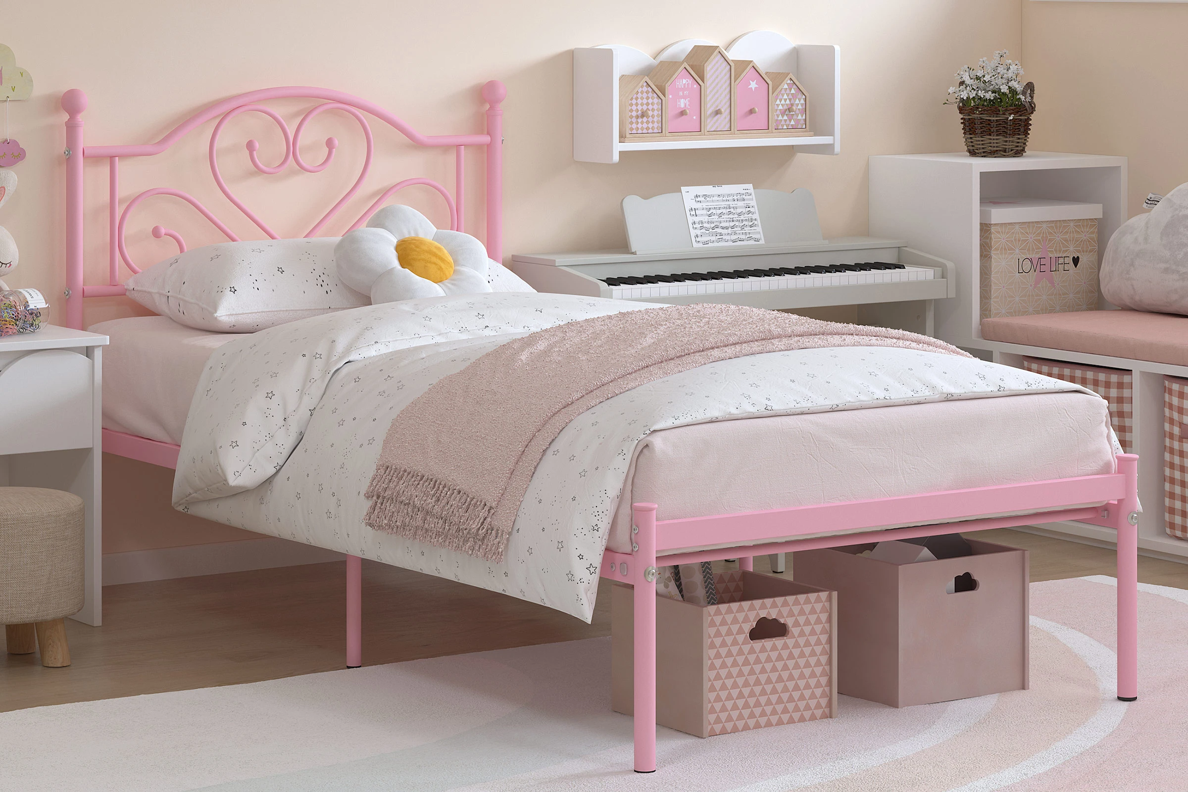 Twin Bed Frame with Headboard, Heavy Duty Metal Platform Bed with Under Bed Storage