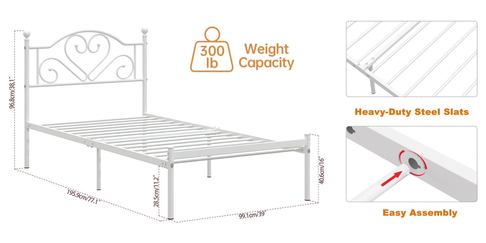 Twin Bed Frame with Headboard, Heavy Duty Metal Platform Bed with Under Bed Storage