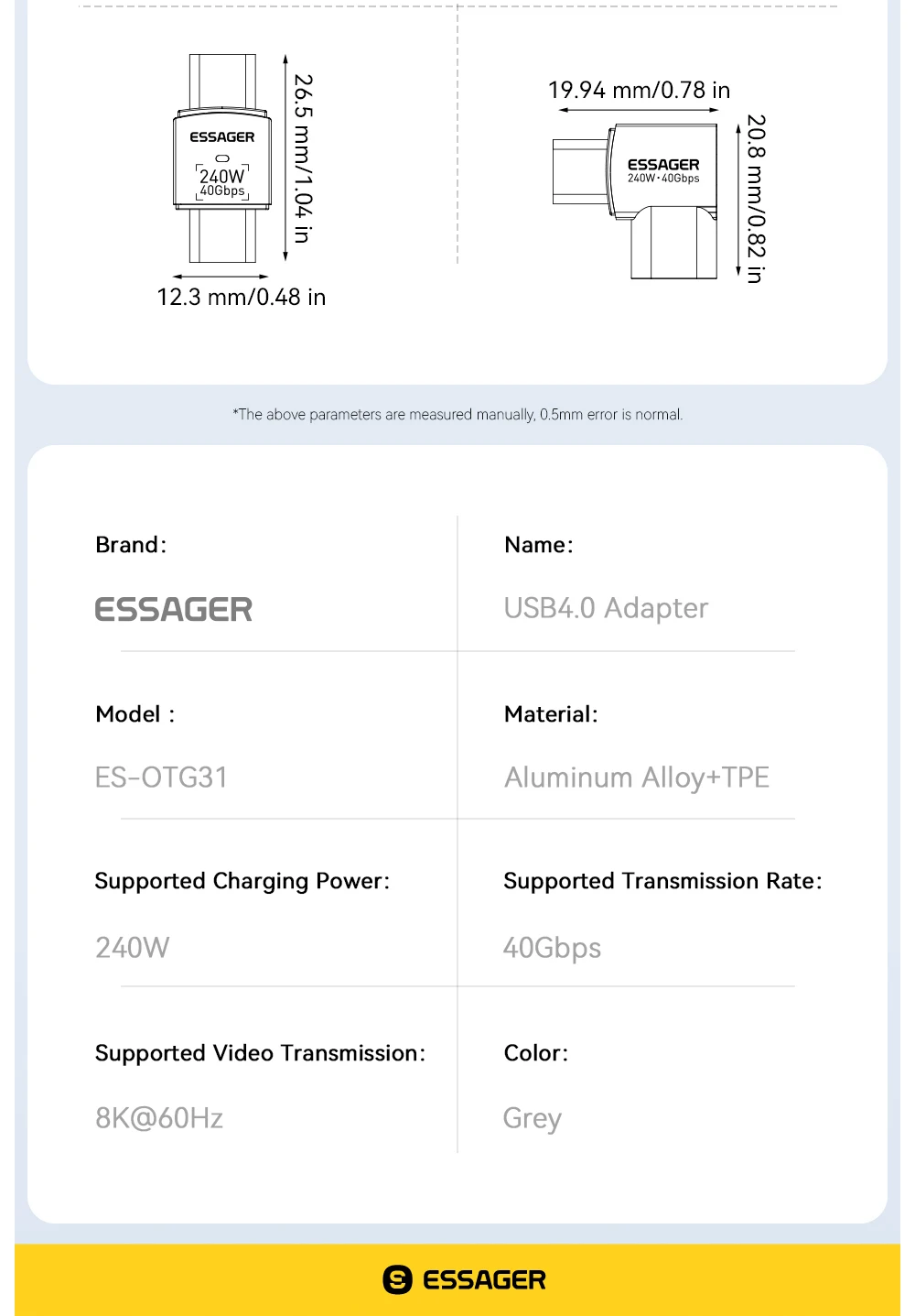 Essager USB4.0 40Gbps OTG Adapter 240W Fast Charging Converter 90 Degree USB Type C Data Adapter For Phone Macbook Laptop 8K60Hz