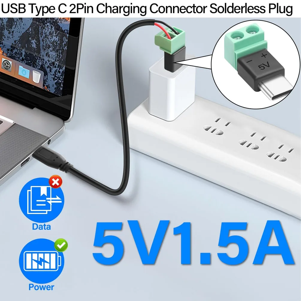 5PCS TypeC to 2 Pin Adapter No Solder Quick Connect Green Terminal for Charging Cable Phone Power Bank DIY Electronics Connector