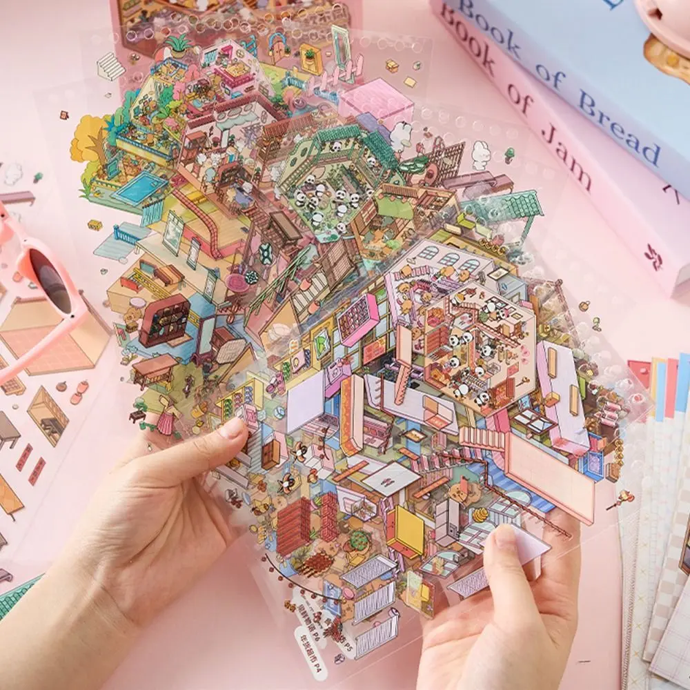 3D Cabin Scene Stickers Book Visual Stacking Cartoon Scene Sticker Collection DIY Cabin Scene Toy Game Stickers