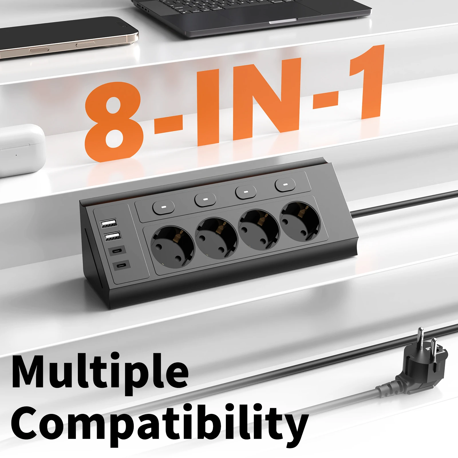 EU desktop corner power strip, a power strip with multiple switches independently controlling the outlets, extension cord power