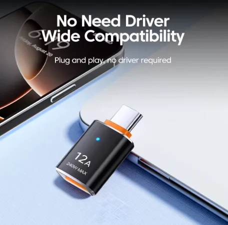 12A USB 3.0 To Type C Adapter LED OTG USB C Male to USB A Female Connector For iPhone 15 Tablet Notebook Android Phones Adapter