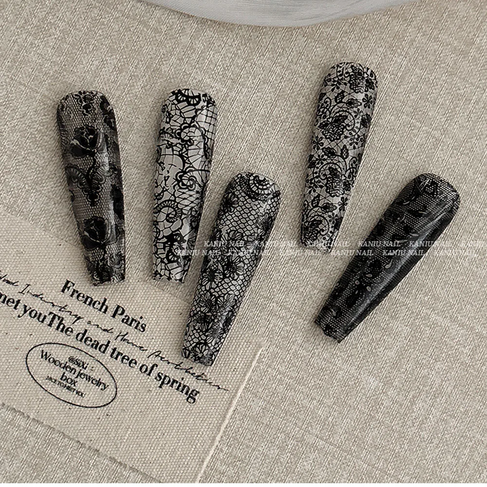 10 Rolls/Box New Black&White Lace Nail Transfer Stickers Sexy Lace Flower Full Wraps Nail Decals DIY French Manicure Decorations