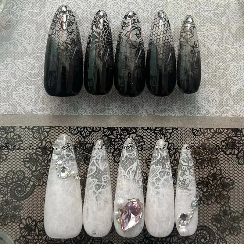 10 Rolls/Box New Black&White Lace Nail Transfer Stickers Sexy Lace Flower Full Wraps Nail Decals DIY French Manicure Decorations