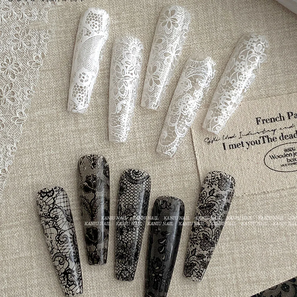 10 Rolls/Box New Black&White Lace Nail Transfer Stickers Sexy Lace Flower Full Wraps Nail Decals DIY French Manicure Decorations