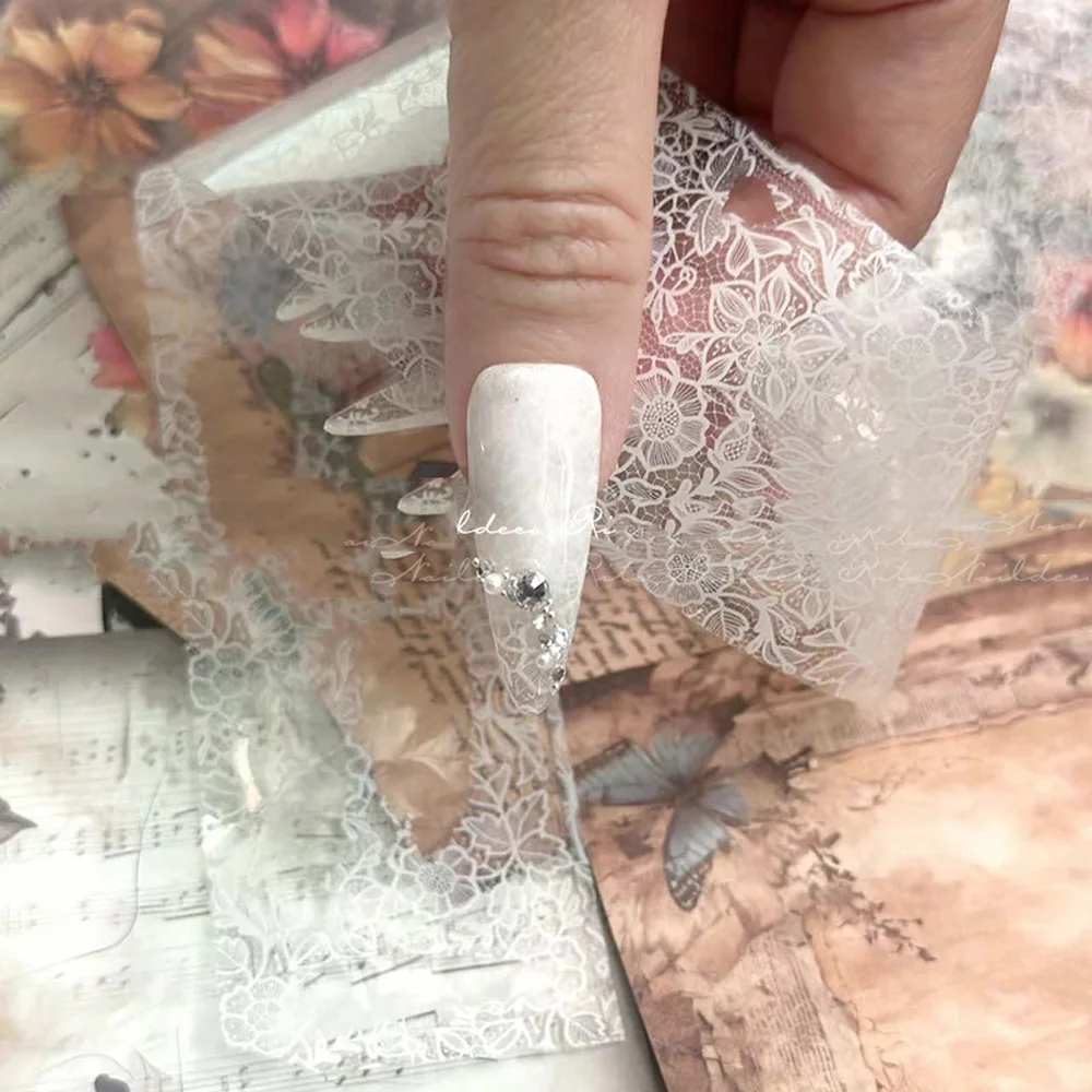 10 Rolls/Box New Black&White Lace Nail Transfer Stickers Sexy Lace Flower Full Wraps Nail Decals DIY French Manicure Decorations