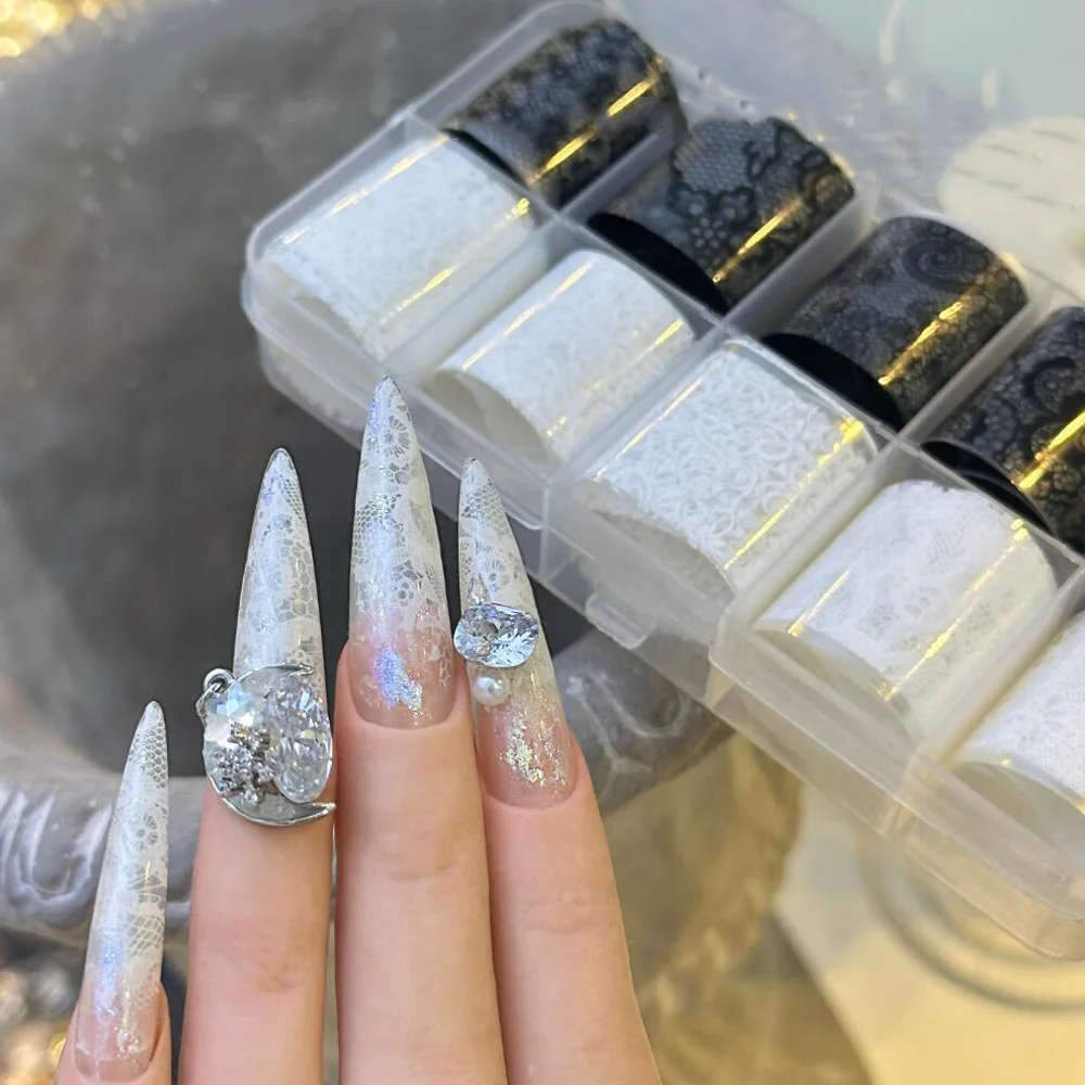10 Rolls/Box New Black&White Lace Nail Transfer Stickers Sexy Lace Flower Full Wraps Nail Decals DIY French Manicure Decorations