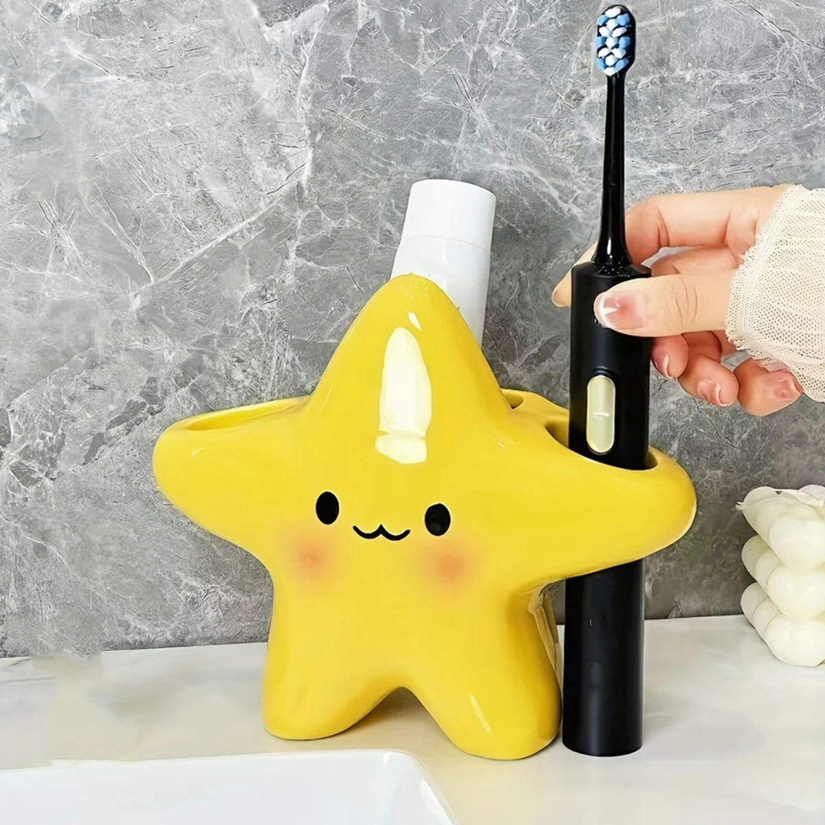 Cute Star-Shaped Toothbrush Holder Freestanding Bathroom Organizer with Cute Face Design, Space-Saving Toothbrush & Toothpaste