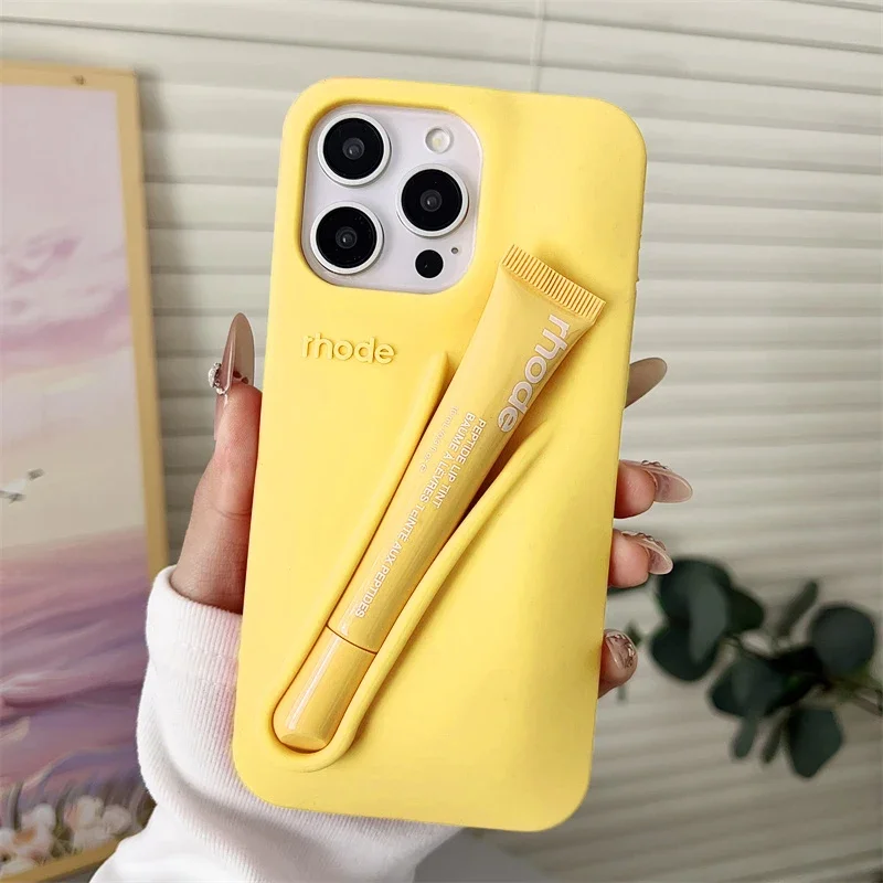 For iPhone 17 Pro Max Air 15 14 13 12 11 17 ProMax Plus Phone Case Gray Toast Ribbon Espresso Holder Silicone Lipstick Cover