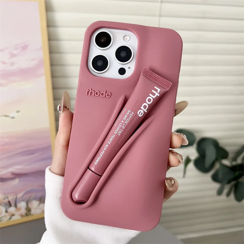 For iPhone 17 Pro Max Air 15 14 13 12 11 17 ProMax Plus Phone Case Gray Toast Ribbon Espresso Holder Silicone Lipstick Cover