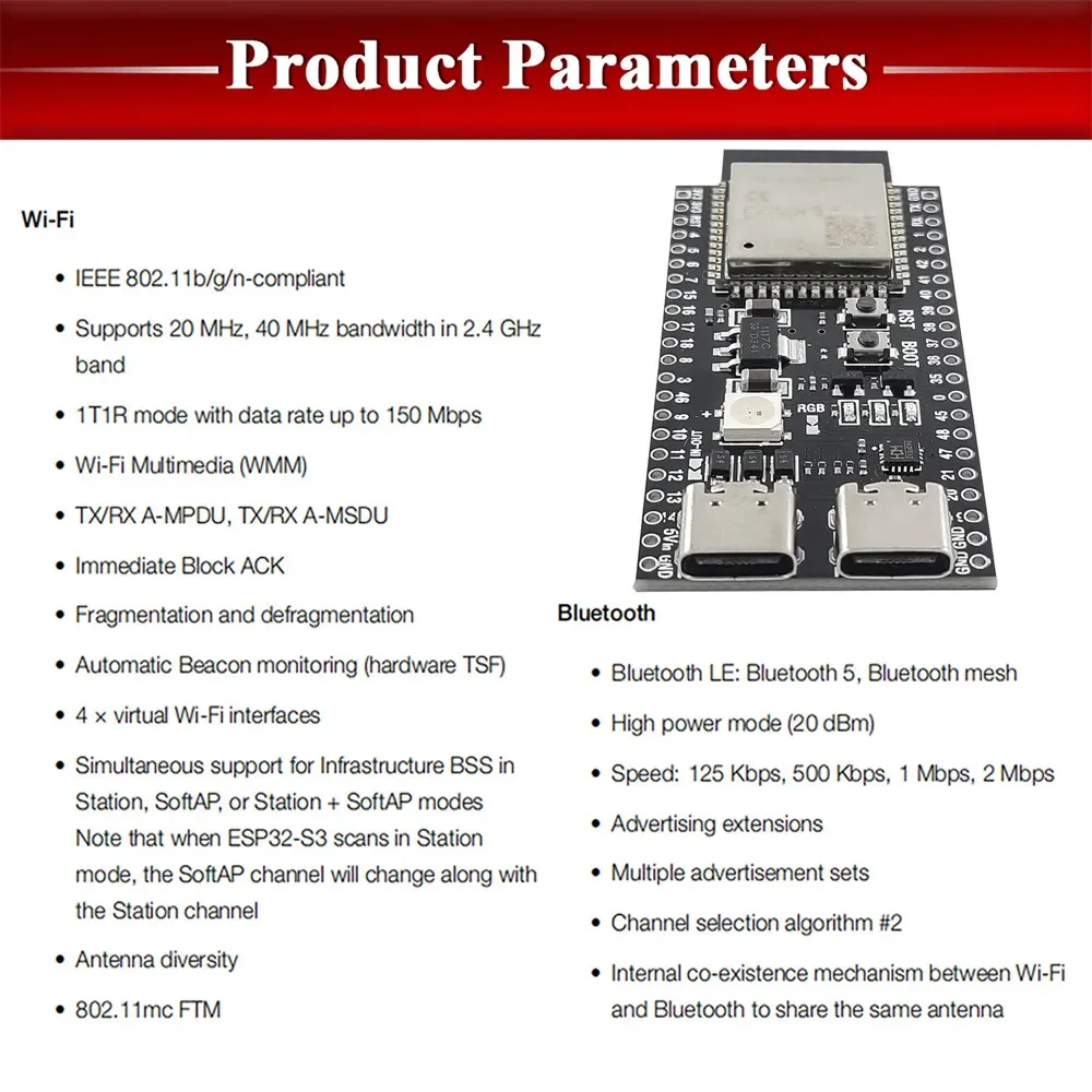 1-10PCESP32-S3-DevKitC-1 ESP32-S3 WiFi Bluetooth-compatible BLE 5.0 Mesh Development Board ESP32 Wireless Module N16R8 N8R8 N8R2
