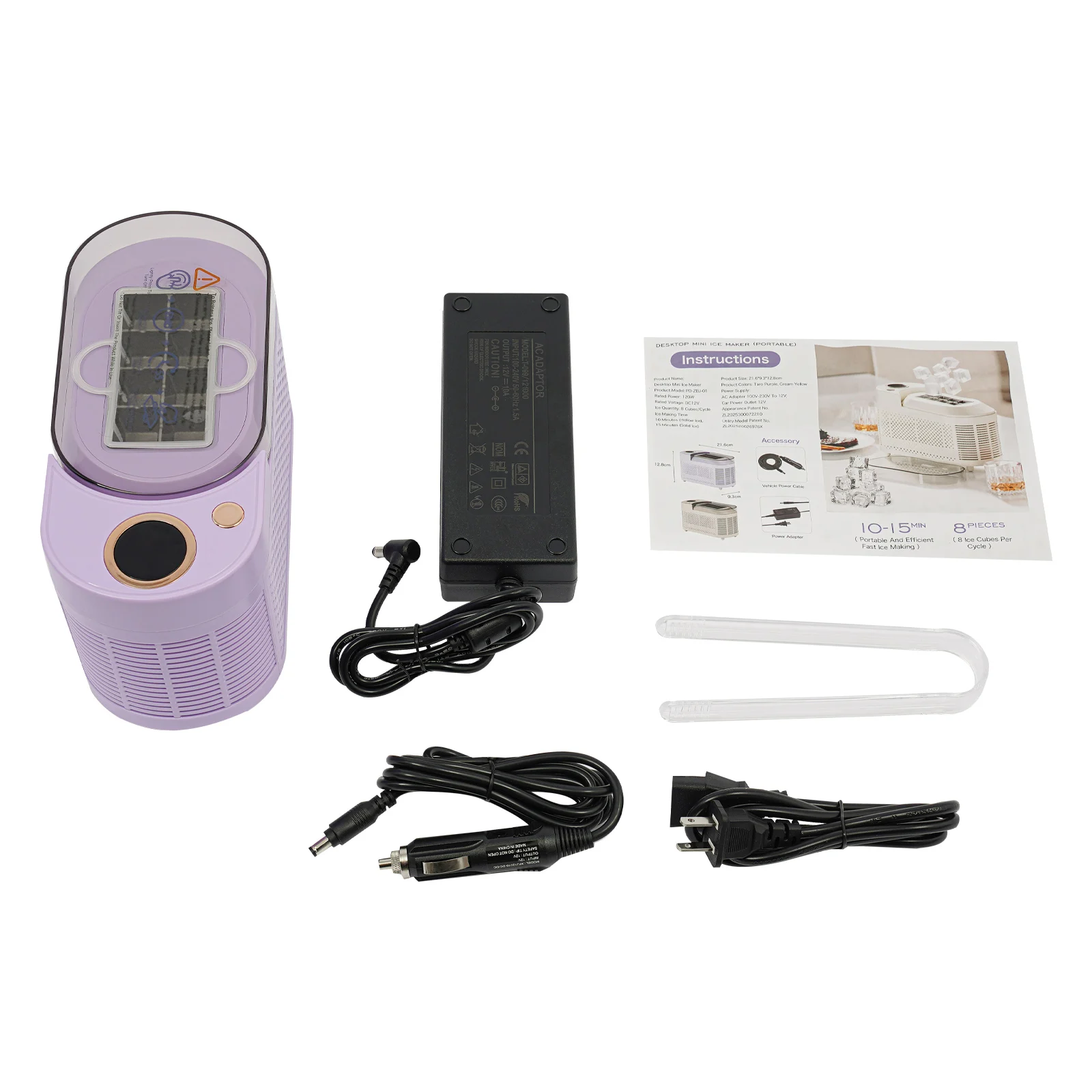 120W Mini Countertop Ice Maker, Compact Ice Machine for Home/Car/Travel White/Purple