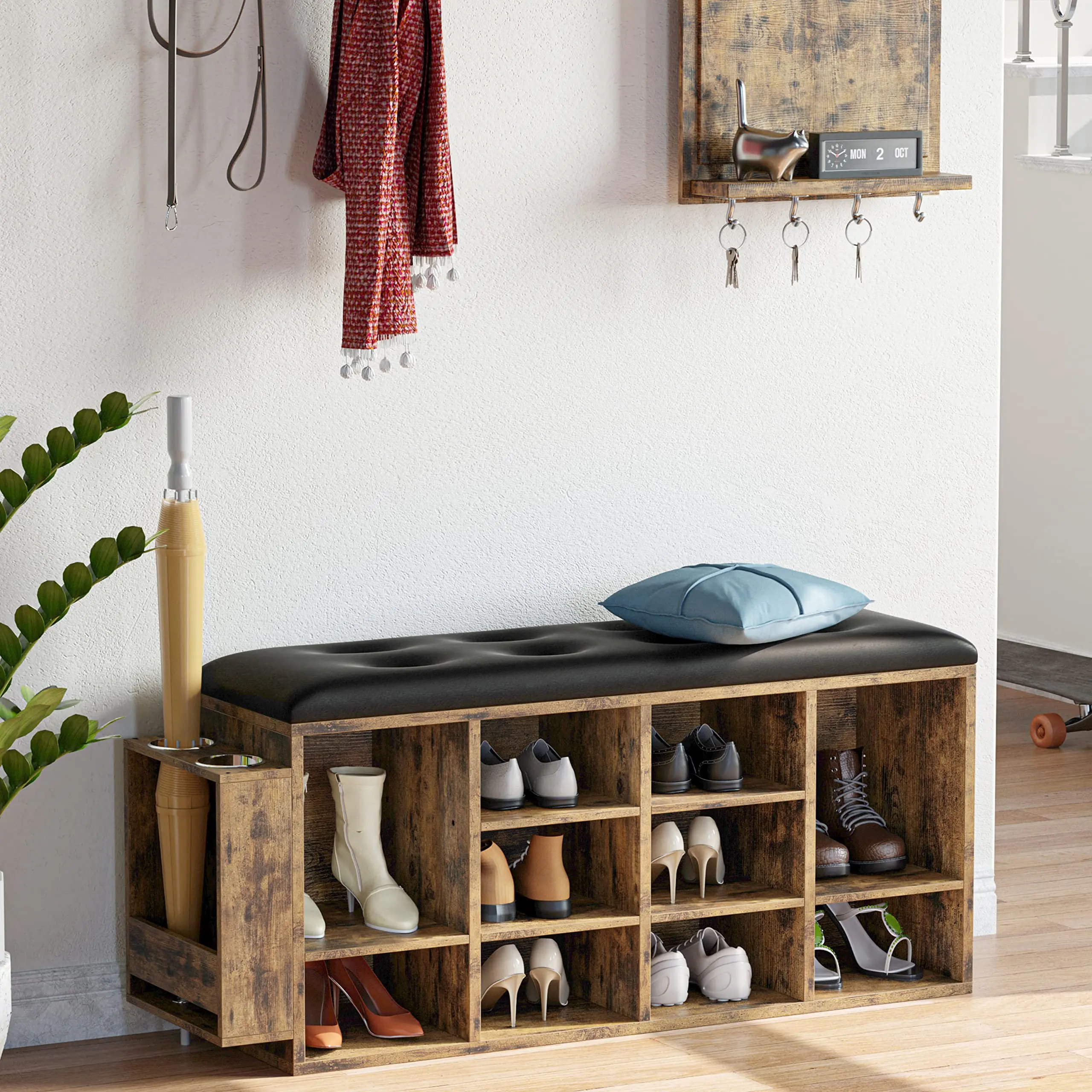 IRONCK Shoe Bench, 10 Cubbies Storage Entryway Bench with PU Leather, Cubby Shoe Rack Adjustable Shelves for Living Room Bedroom