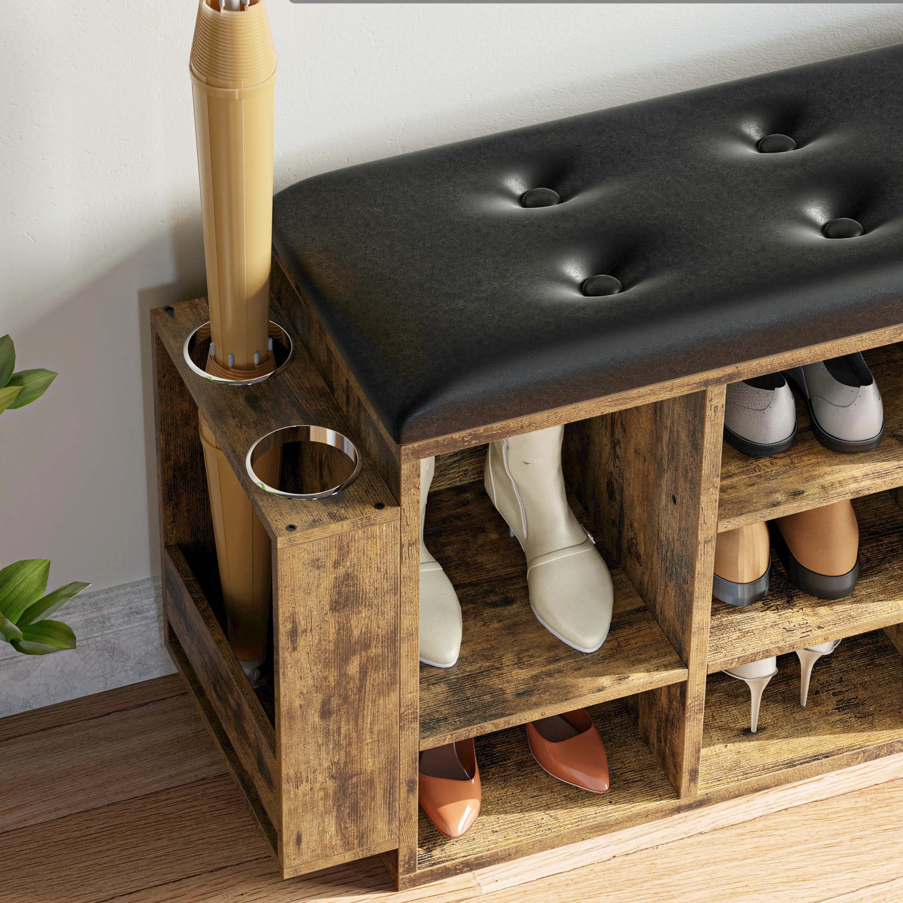 IRONCK Shoe Bench, 10 Cubbies Storage Entryway Bench with PU Leather, Cubby Shoe Rack Adjustable Shelves for Living Room Bedroom