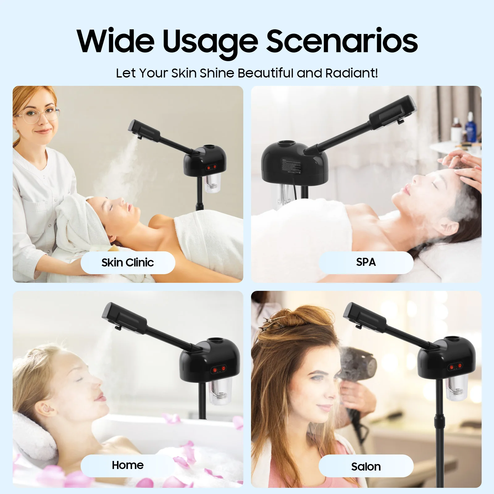 800w Facial Steamer 360° Skin Care Equipment Steamer Black Floor Standing Warm Steam Machine for Salon Beauty Spa Shop