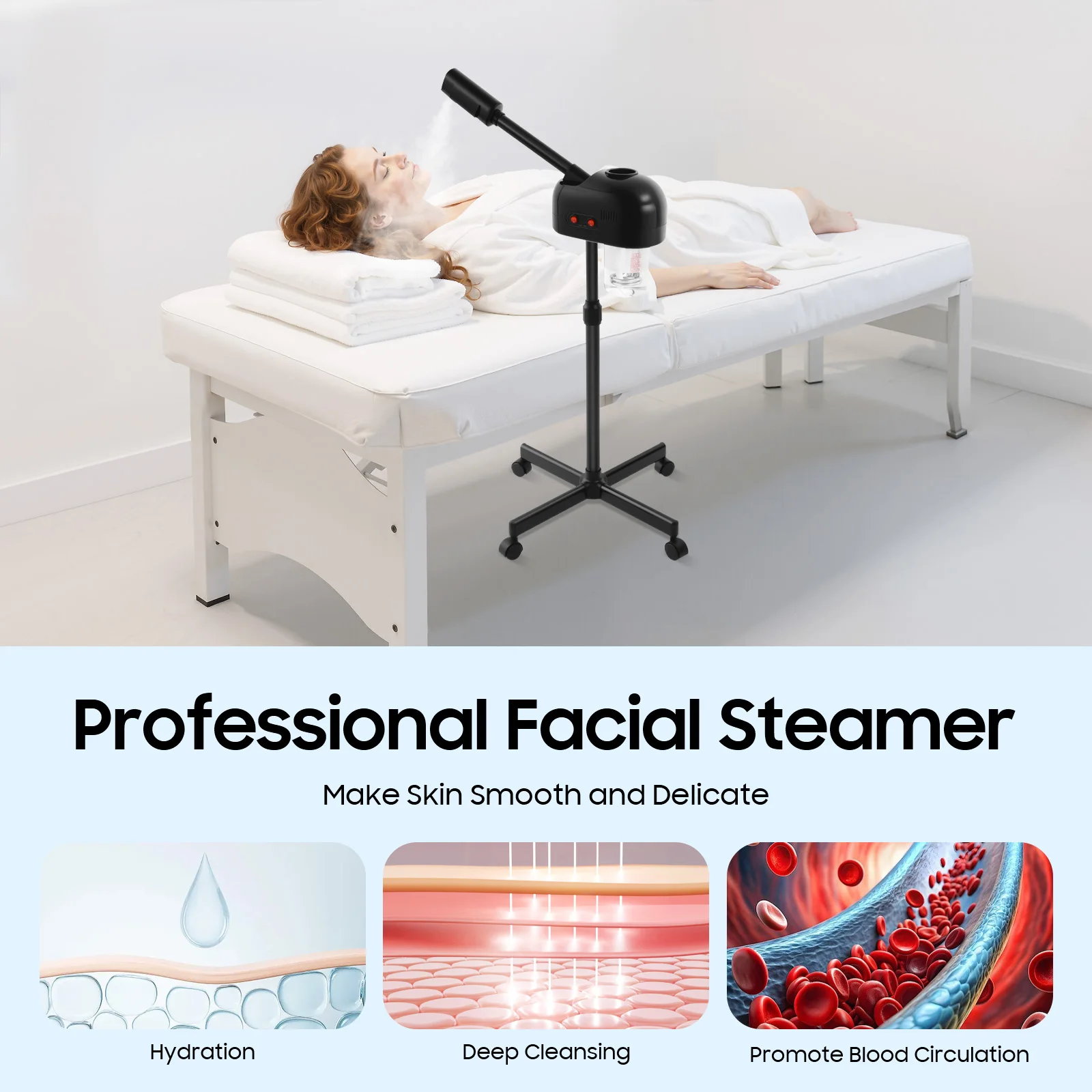 800w Facial Steamer 360° Skin Care Equipment Steamer Black Floor Standing Warm Steam Machine for Salon Beauty Spa Shop