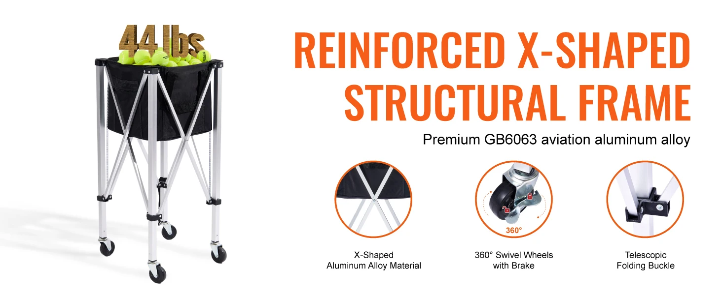 SucceBuy Foldable Tennis Ball Cart Holds 150/180 Tennis Balls Basket Hopper with Wheels for Sports Teaching Baseball Trolley