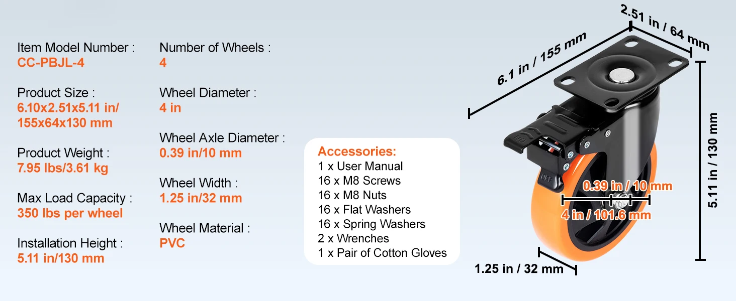 SucceBuy 2/3/4/5/6-inch Swivel Plate Casters Set of 4 with Security Dual Locking PVC Caster Wheels for Cart Furniture Workbench