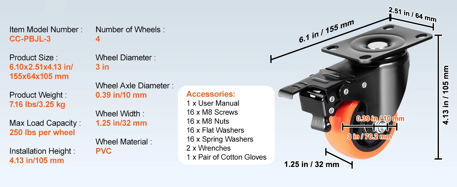 SucceBuy 2/3/4/5/6-inch Swivel Plate Casters Set of 4 with Security Dual Locking PVC Caster Wheels for Cart Furniture Workbench