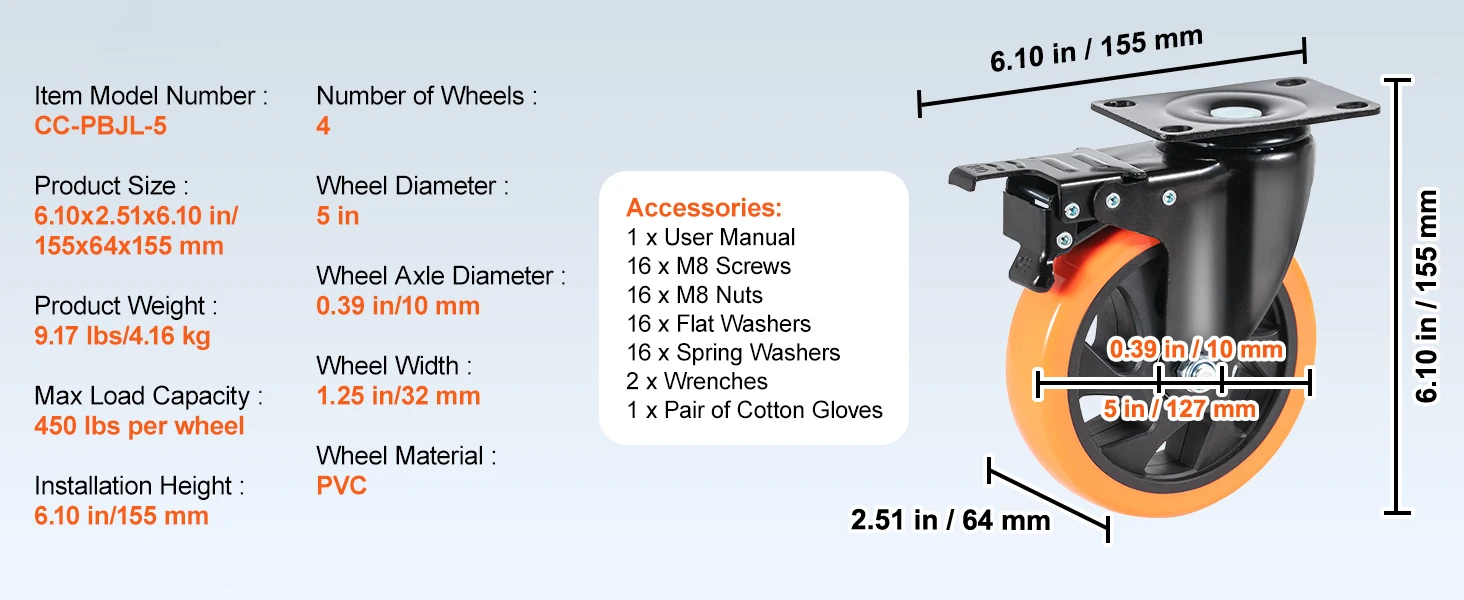 SucceBuy 2/3/4/5/6-inch Swivel Plate Casters Set of 4 with Security Dual Locking PVC Caster Wheels for Cart Furniture Workbench
