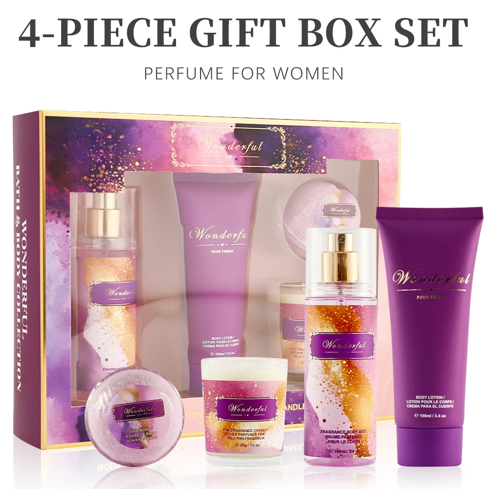 Women's Fragrance Sets 3.4fl.oz Body Mist, 3.4fl.oz Body Lotion, 3oz Candle and 2oz Bath Product 4 Pcs WONDERFUL Gift for Women