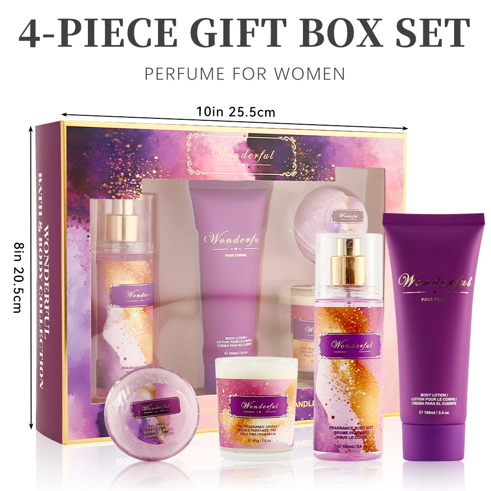 Women's Fragrance Sets 3.4fl.oz Body Mist, 3.4fl.oz Body Lotion, 3oz Candle and 2oz Bath Product 4 Pcs WONDERFUL Gift for Women