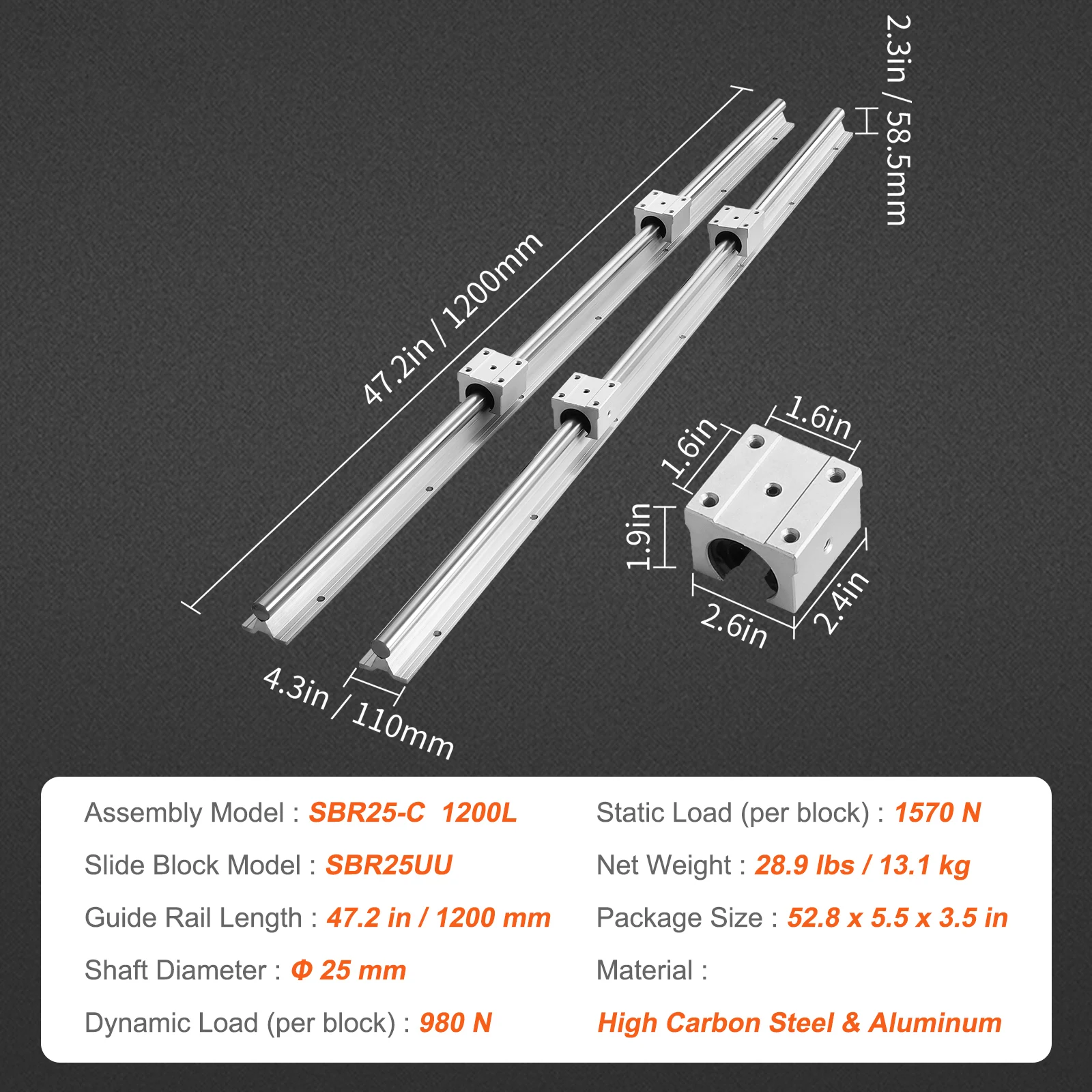 SucceBuy 2PCS Linear Guide Rails SBR12 SBR16 SBR20 SBR25 800-2200mm & 4PCS UU Bearing Blocks Smooth Motion DIY Mills CNC Parts