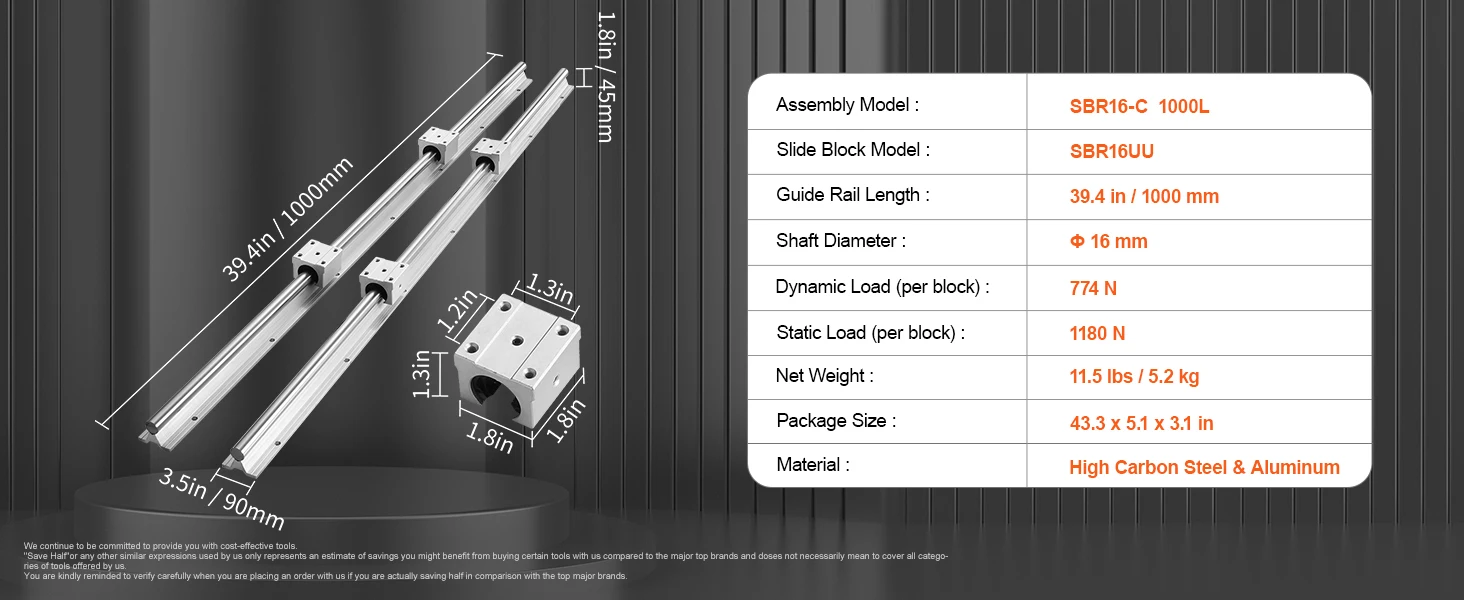 SucceBuy 2PCS Linear Guide Rails SBR12 SBR16 SBR20 SBR25 800-2200mm & 4PCS UU Bearing Blocks Smooth Motion DIY Mills CNC Parts