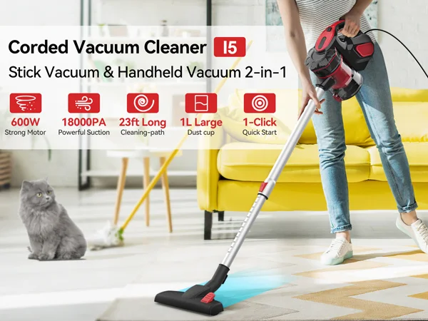 INSE I5 Corded Vacuum Cleaner 600W 18000Pa Powerful 2-in-1 HEPA Filters Handheld Stick Vaccum for Home Carpet Pets Hair Cleaning