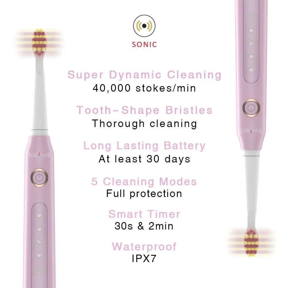 Fairywill Electric Sonic Toothbrush FW-507 USB Charge Rechargeable Adult Waterproof Electronic Tooth Brushes Replacement Heads S