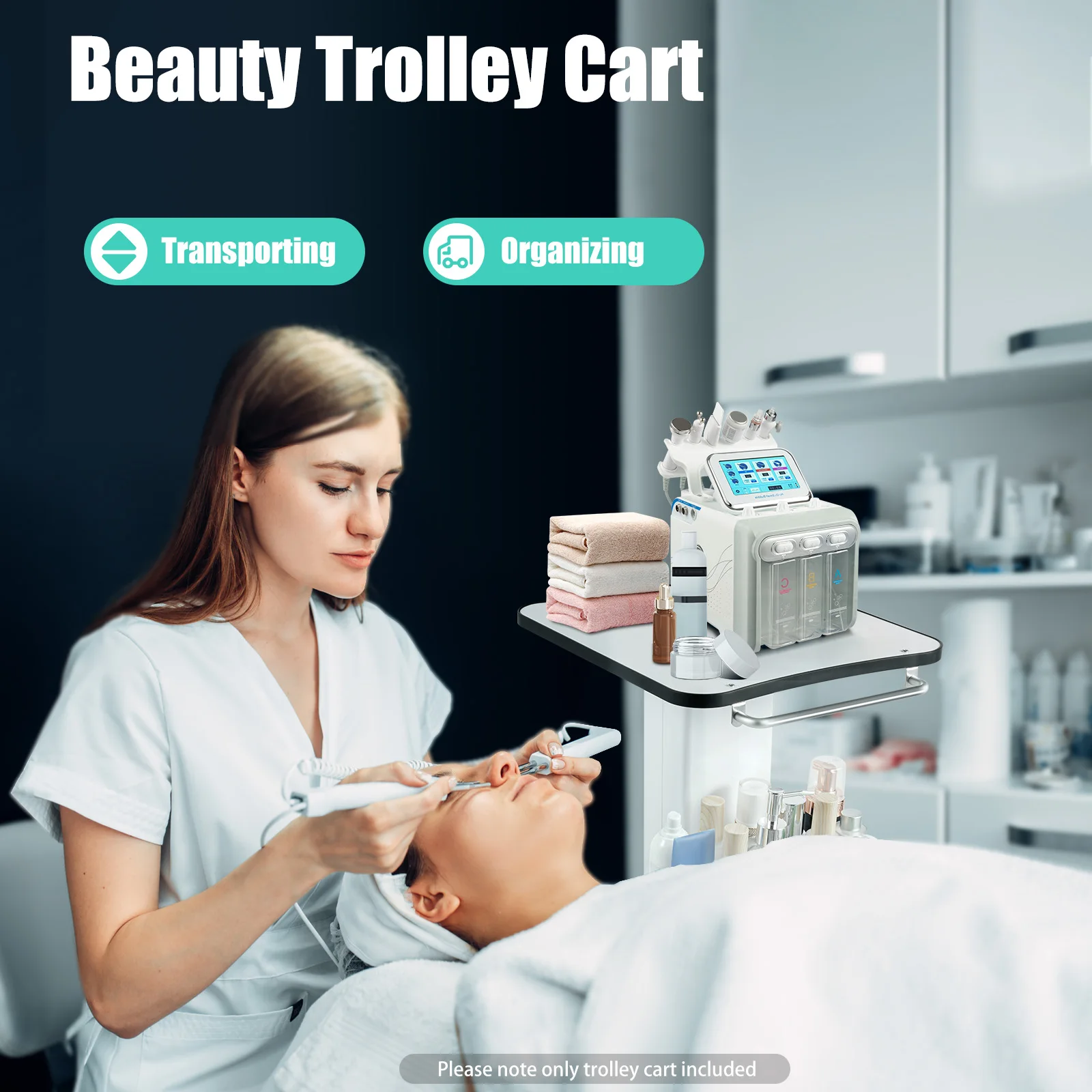 Beauty Trolley Cart for Salon, 33lbs Load Capacity, 4 Lockable Silent 360° Wheels, Multifunctional Beauty Trolley with Tray