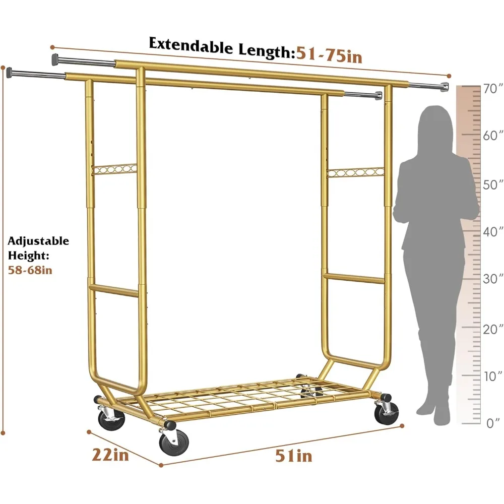 Clothes Rack Load 630LBS, Heavy Duty Clothes Rack, Rolling Clothing Racks for Hanging Clothes with Wheels, Adjustable & C