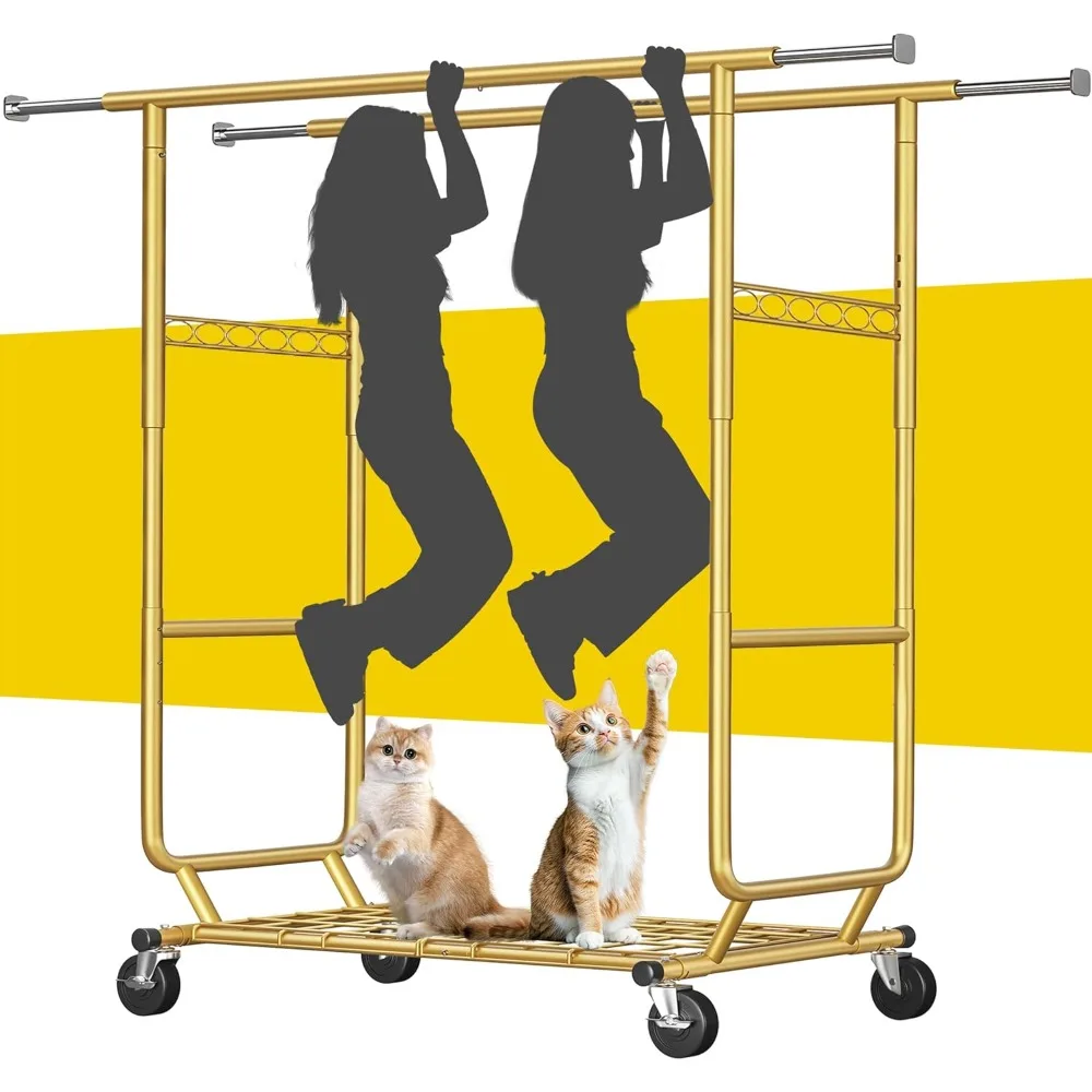 Clothes Rack Load 630LBS, Heavy Duty Clothes Rack, Rolling Clothing Racks for Hanging Clothes with Wheels, Adjustable & C