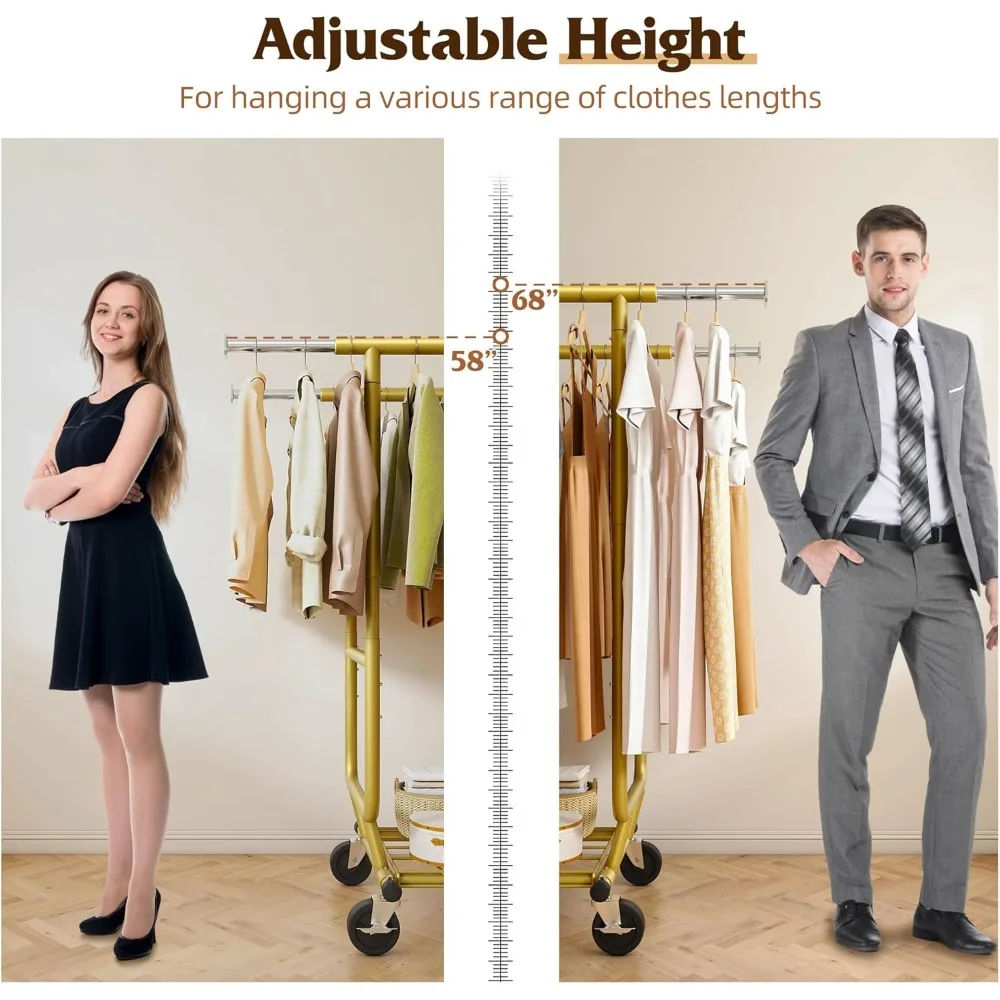 Clothes Rack Load 630LBS, Heavy Duty Clothes Rack, Rolling Clothing Racks for Hanging Clothes with Wheels, Adjustable & C