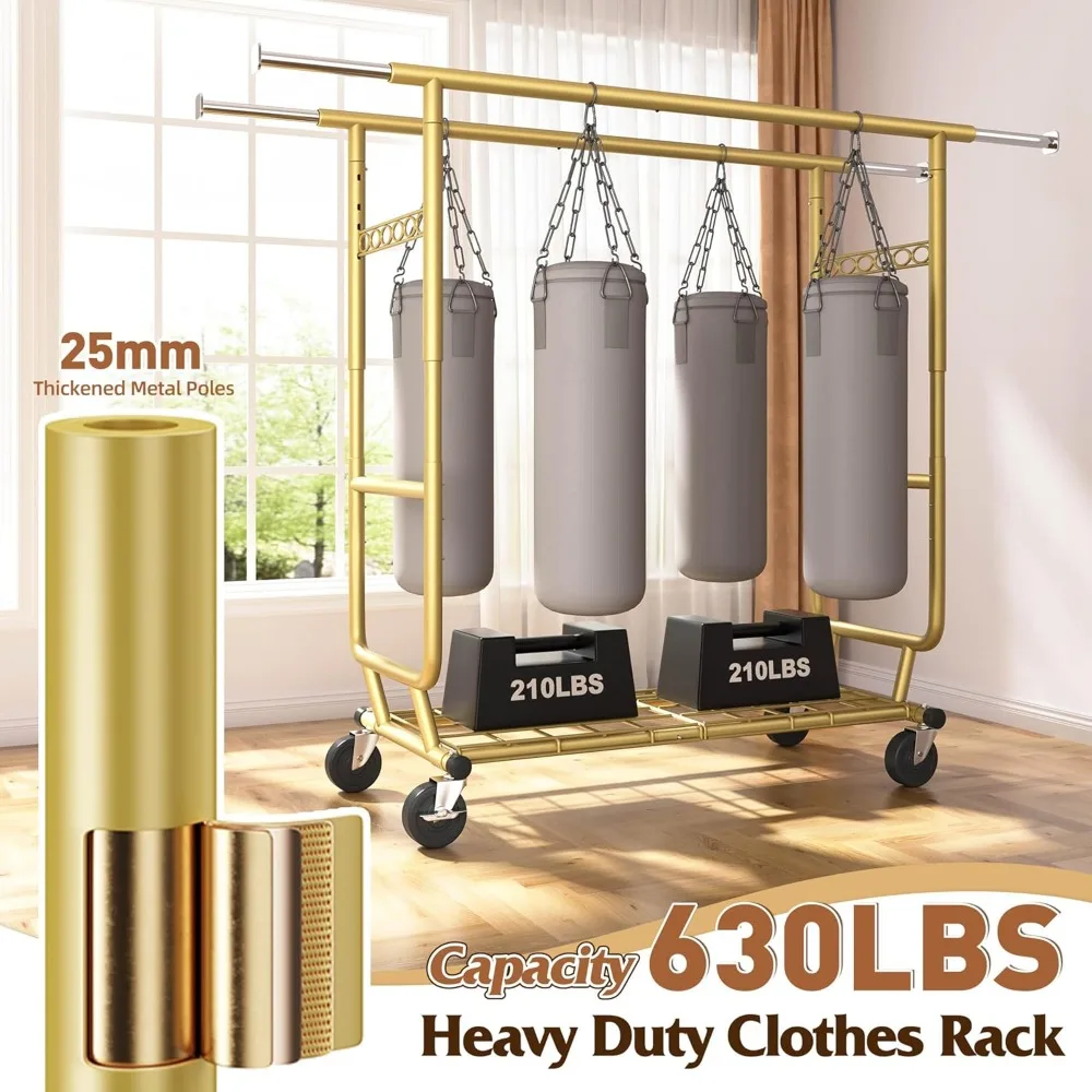 Clothes Rack Load 630LBS, Heavy Duty Clothes Rack, Rolling Clothing Racks for Hanging Clothes with Wheels, Adjustable & C