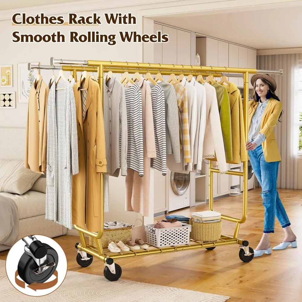 Clothes Rack Load 630LBS, Heavy Duty Clothes Rack, Rolling Clothing Racks for Hanging Clothes with Wheels, Adjustable & C