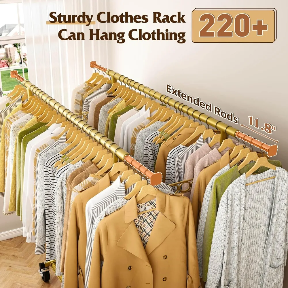 Clothes Rack Load 630LBS, Heavy Duty Clothes Rack, Rolling Clothing Racks for Hanging Clothes with Wheels, Adjustable & C