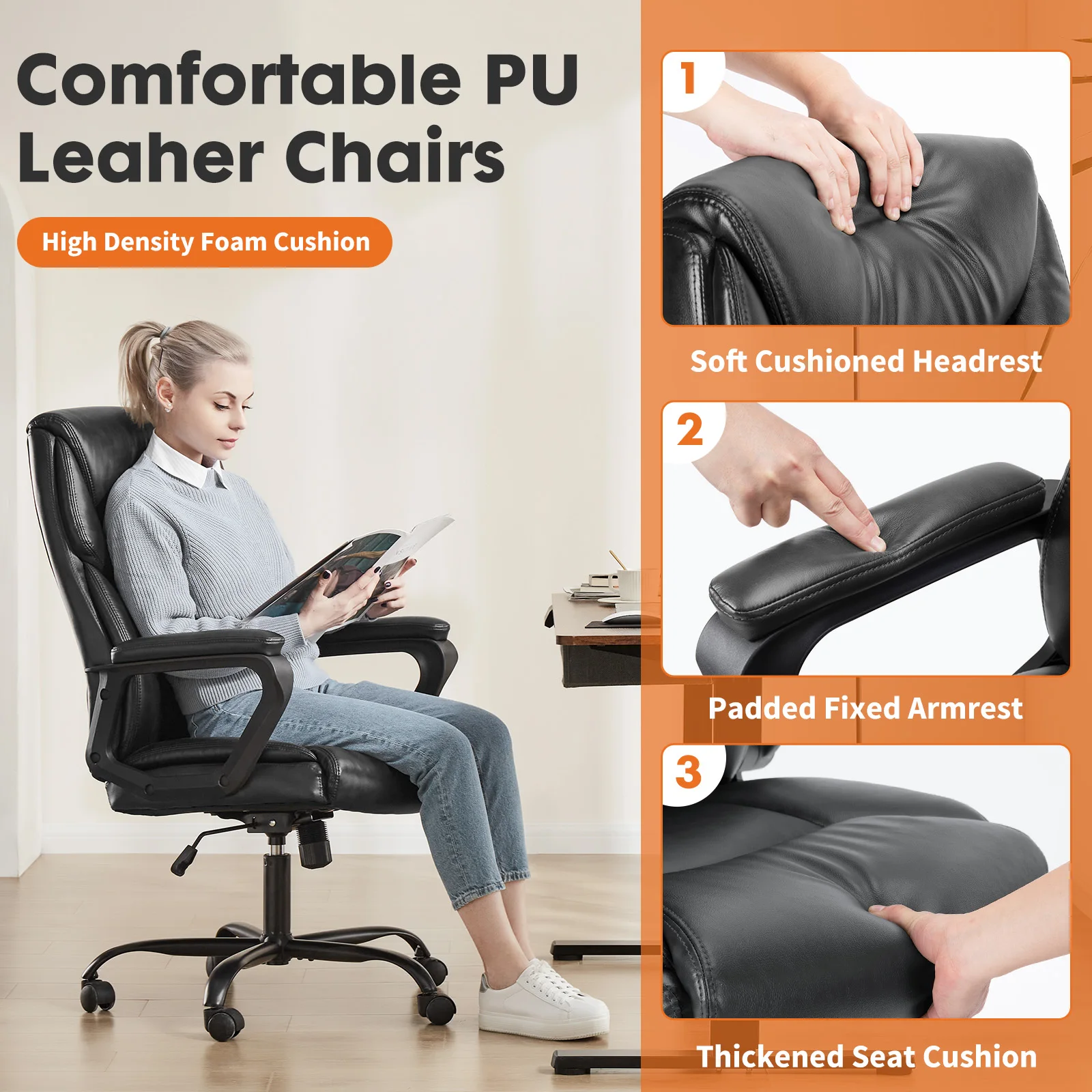 JHK Ergonomic Office Chair Heavy Duty Task Desk Chair with Flip-up Arms PU Leather Adjustable Swivel Rolling Gaming Chair
