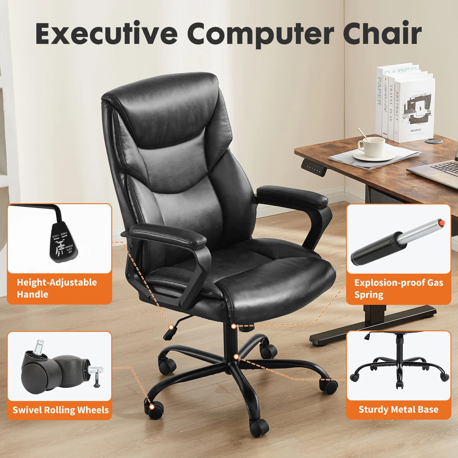 JHK Ergonomic Office Chair Heavy Duty Task Desk Chair with Flip-up Arms PU Leather Adjustable Swivel Rolling Gaming Chair