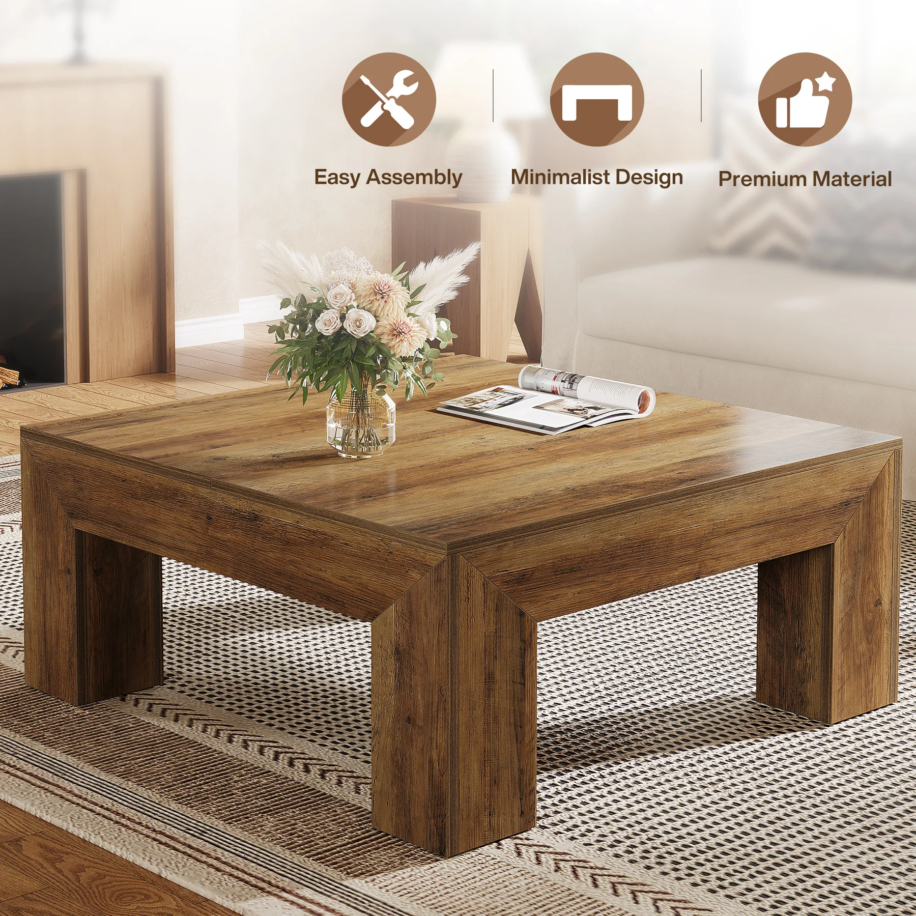 Tribesigns 39.4-Inch Square Coffee Table for Living Room, Farmhouse All MDF Accent Center Cocktail Table with Sturdy Wooden Legs