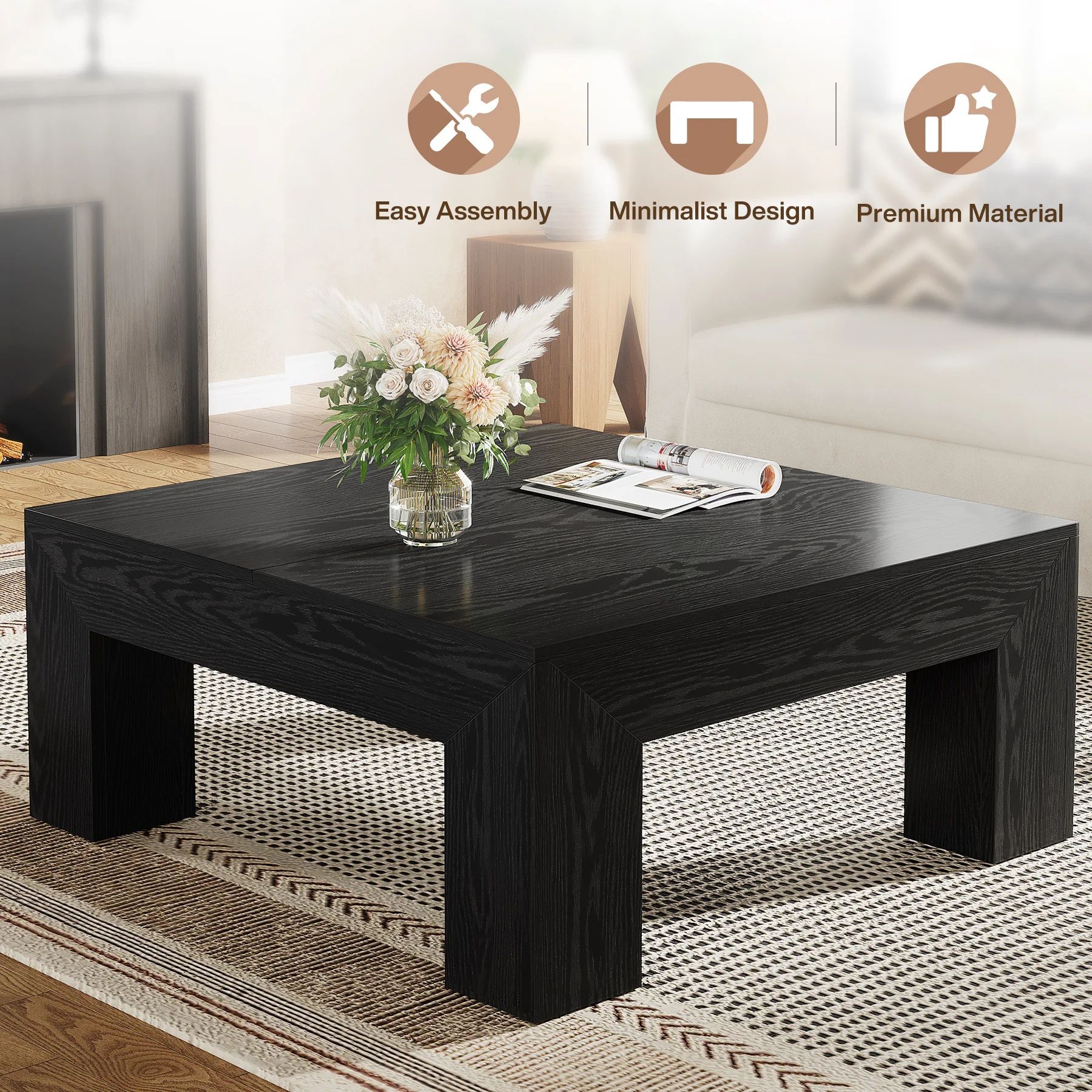 Tribesigns 39.4-Inch Square Coffee Table for Living Room, Farmhouse All MDF Accent Center Cocktail Table with Sturdy Wooden Legs