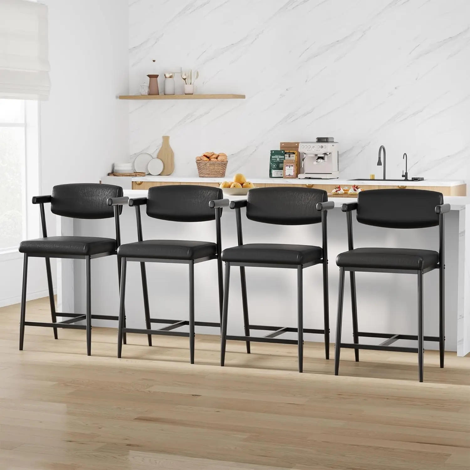 2PCS Modern Bar Stools Set with Back & Upholstered Wider Seat, Metal Bar Stools with Footrest for Kitchen Island Easy Assembly