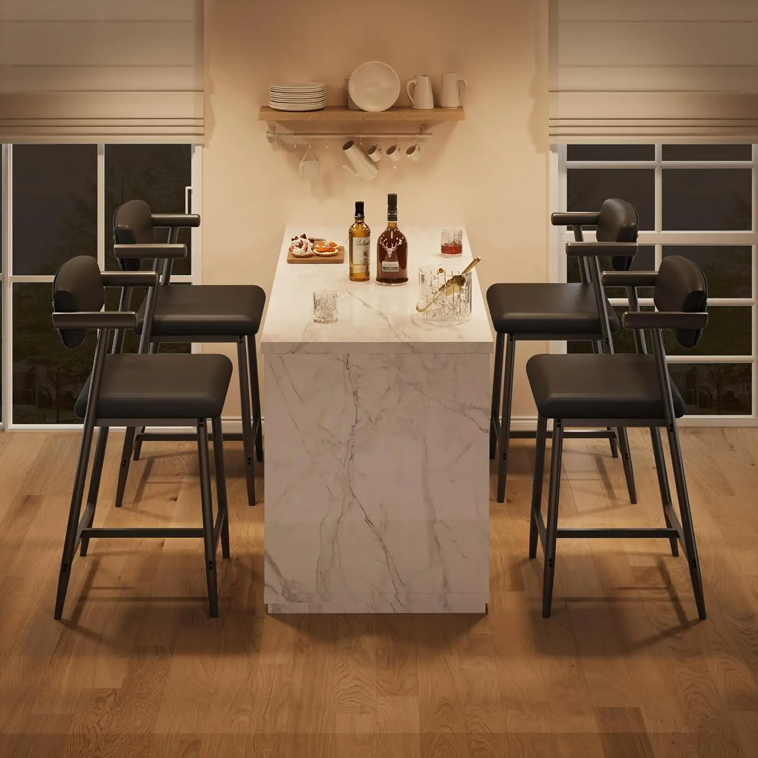 2PCS Modern Bar Stools Set with Back & Upholstered Wider Seat, Metal Bar Stools with Footrest for Kitchen Island Easy Assembly