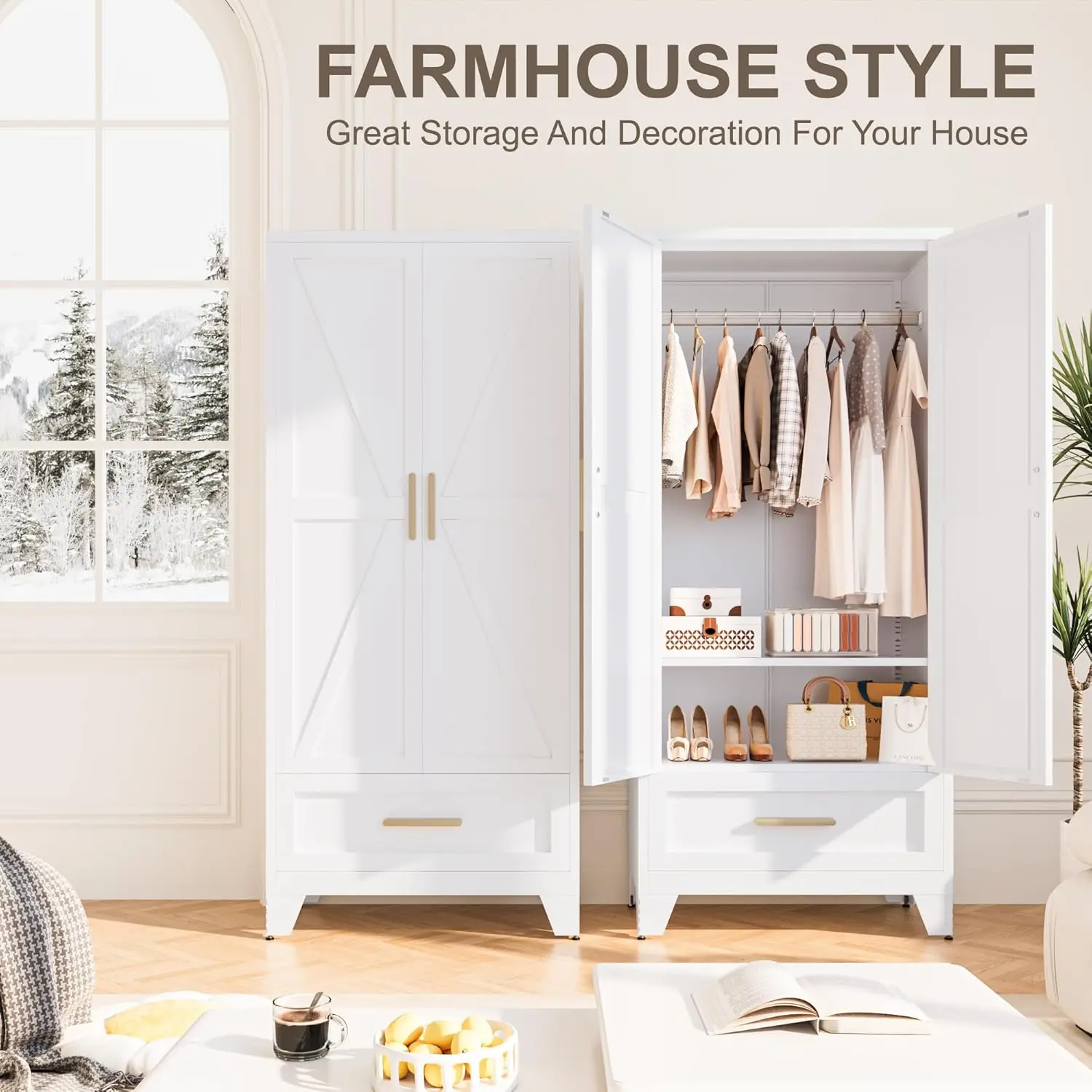 71" White Metal Wardrobes Closet With Hanging Rod and Drawers,Barn Doors, Adjustable Shelves For Home, Bedroom, Laundry room