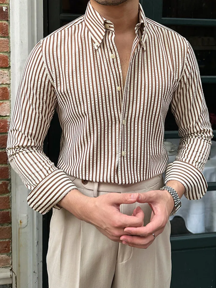 Summer British Casual Seersucker Striped Long Sleeve Shirt Men's Slim Casual Business Shirt High Quality Camisa Social Masculina